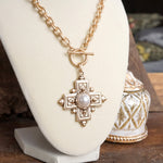 Decorative Cross Necklace Worn Gold Tone Front Toggle and Pearl