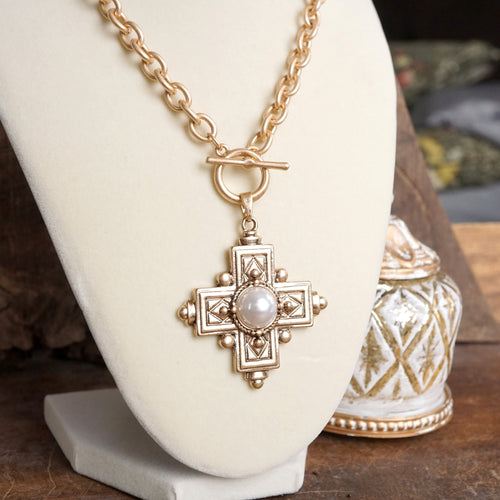 Decorative Cross Necklace Worn Gold Tone Front Toggle and Pearl