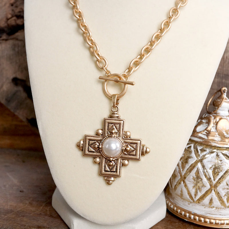 Decorative Cross Necklace Worn Gold Tone Front Toggle and Pearl