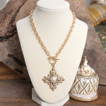 Decorative Cross Necklace Worn Gold Tone Front Toggle and Pearl