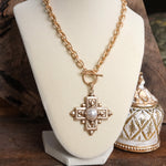 Decorative Cross Necklace Worn Gold Tone Front Toggle and Pearl