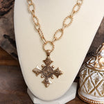 Decorative Cross Statement Necklace – Worn Gold Tone