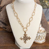 Decorative Cross Statement Necklace – Worn Gold Tone