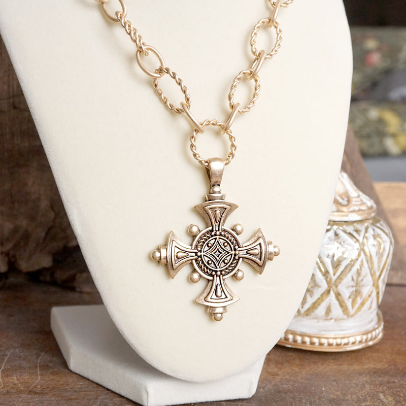 Decorative Cross Statement Necklace – Worn Gold Tone