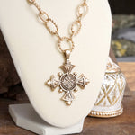 Decorative Cross Statement Necklace – Worn Gold Tone