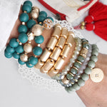 Beaded bracelets set in Forest Emerald Green and Gold with clear crystals