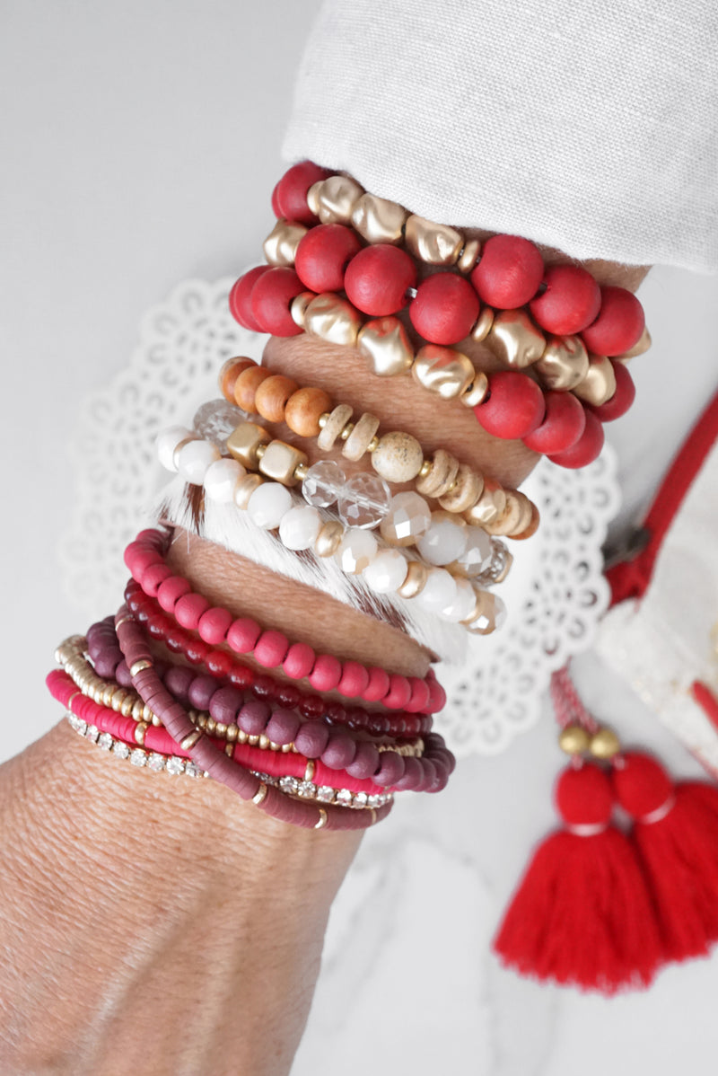 Red Beaded bracelets stack wood and metal Gold tone beads
