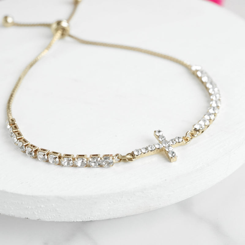 Cross charm friendship adjustable bracelet in Gold tone and crystals