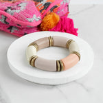 Chunky Beaded Tube Bracelet in Taupe Pinks Wooden and Golden beads