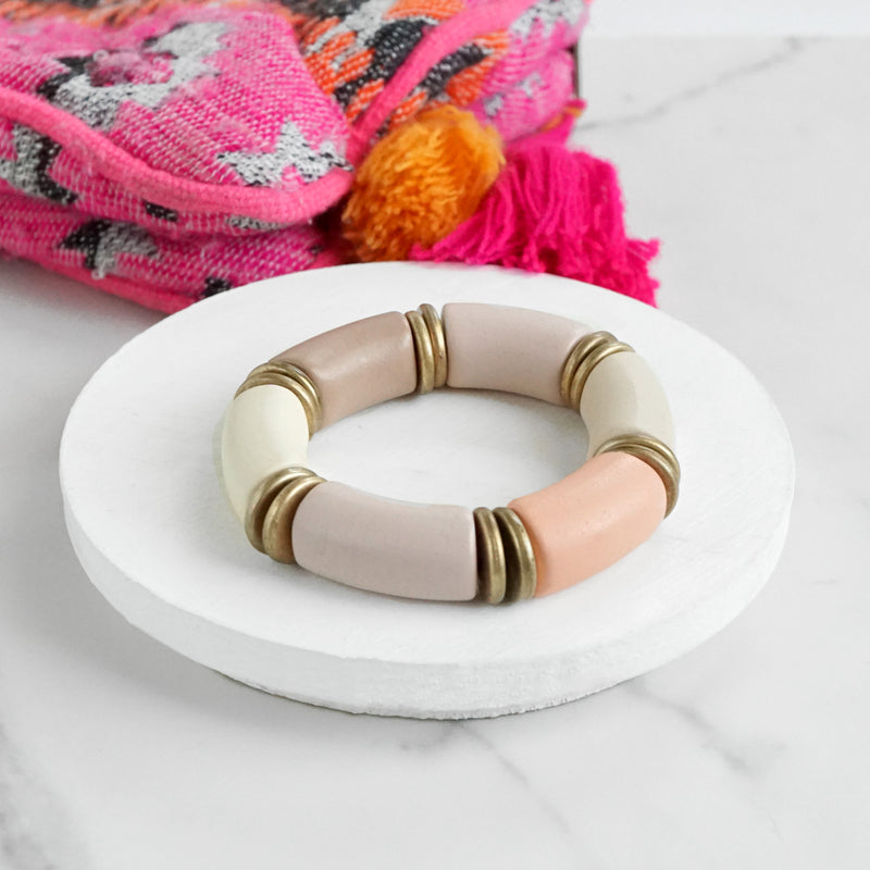 Chunky Beaded Tube Bracelet in Taupe Pinks Wooden and Golden beads