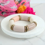 Chunky Beaded Tube Bracelet in Taupe Pinks Wooden and Golden beads