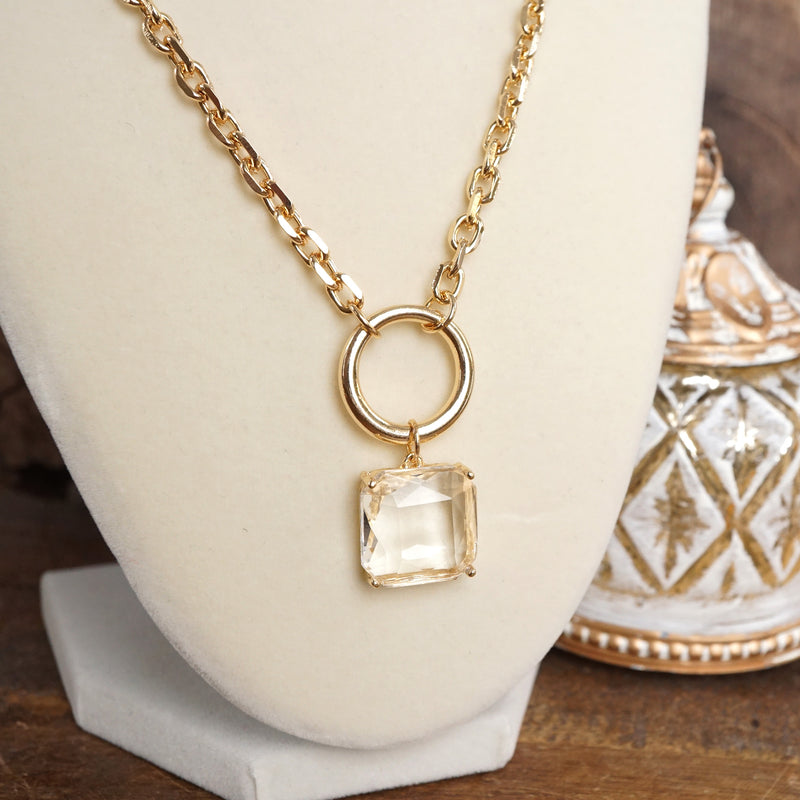 Clear Square Crystal Pendant Chain Necklace in Gold Tone