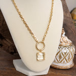 Clear Square Crystal Pendant Chain Necklace in Gold Tone