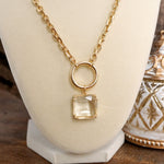 Clear Square Crystal Pendant Chain Necklace in Gold Tone