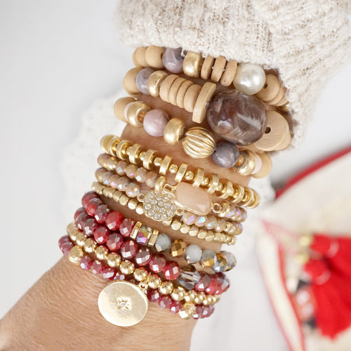 Beaded Bracelets set Gold Coin Sparkly Wine Red Glass Metal beads