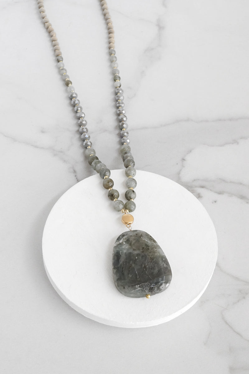 Beaded boho Necklace Mala Semi Precious Gray Stone and beads