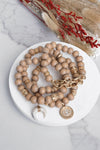 Beaded Boho Bracelets set of 4 with Gold Coin Neutral wooden Beads and Metal chain