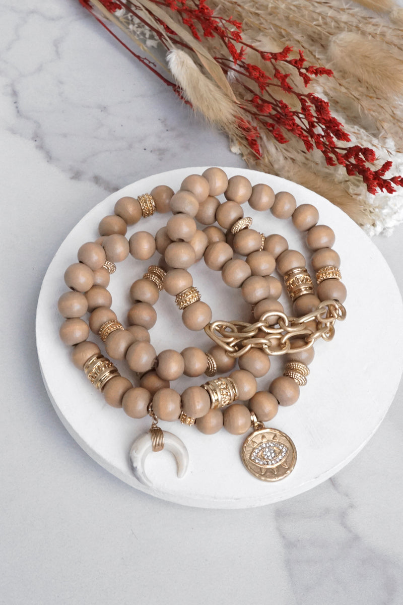 Beaded Boho Bracelets set of 4 with Gold Coin Neutral wooden Beads and Metal chain