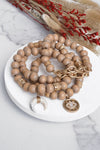 Beaded Boho Bracelets set of 4 with Gold Coin Neutral wooden Beads and Metal chain
