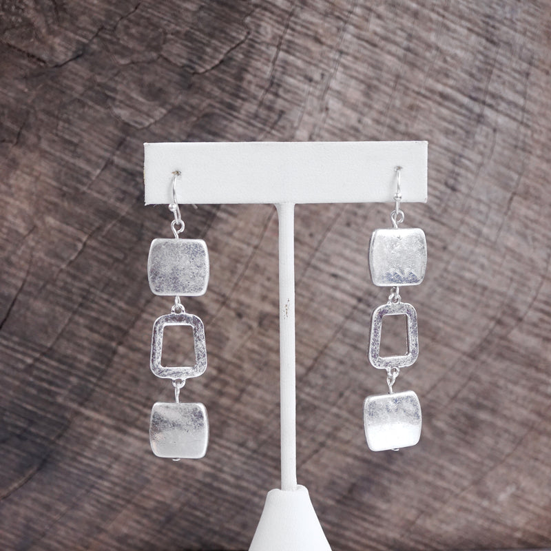 Boho Square Dangle Earrings – Worn Silver Tone