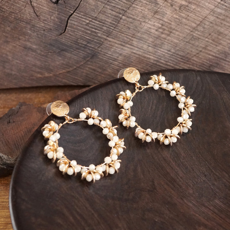 Floral Wreath Glass Bead Statement Earrings – Cream & Gold