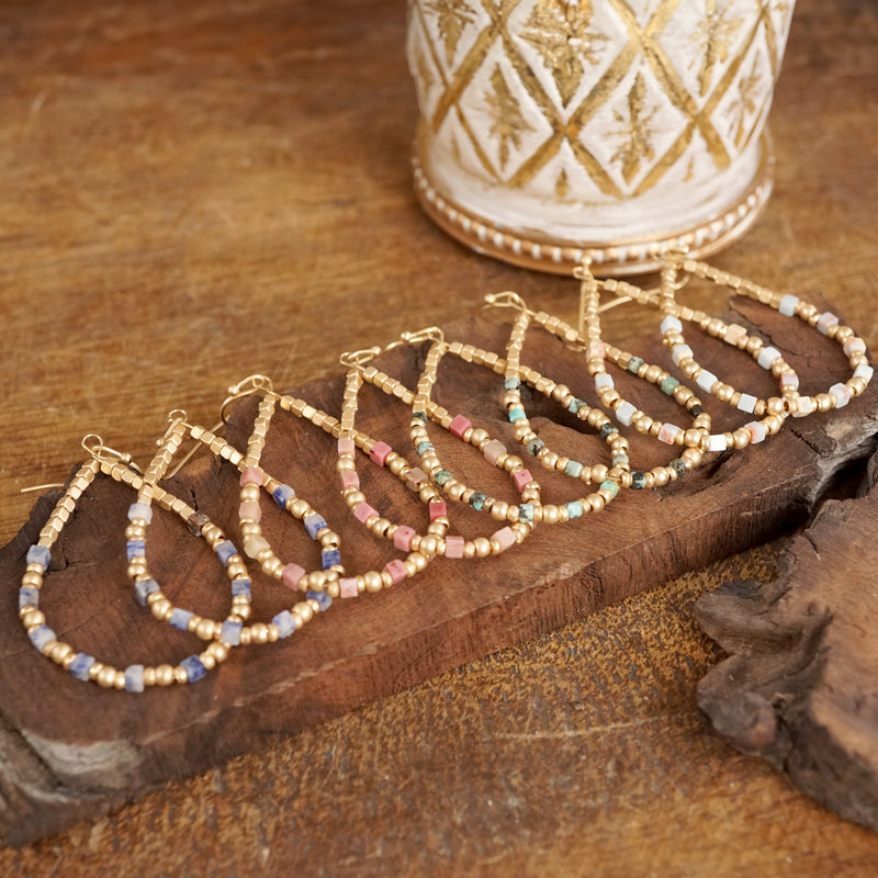 Natural Stone & Gold Beaded Teardrop Earrings