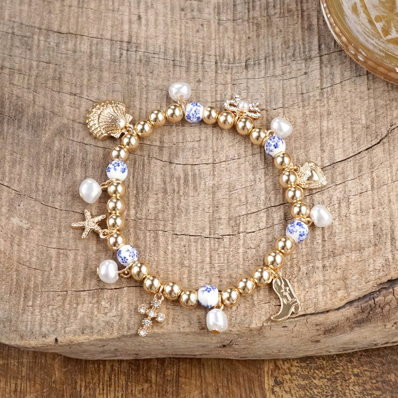 Charmed Harmony – Chinoiserie &amp; Gold Multi-Charm Stretch Bracelet