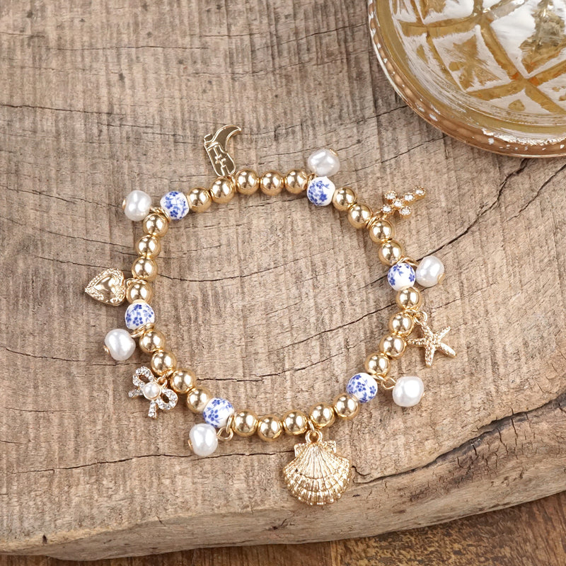 Charmed Harmony – Chinoiserie &amp; Gold Multi-Charm Stretch Bracelet