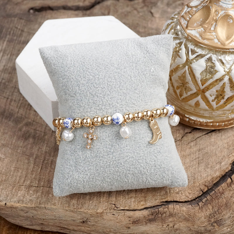 Charmed Harmony – Chinoiserie &amp; Gold Multi-Charm Stretch Bracelet