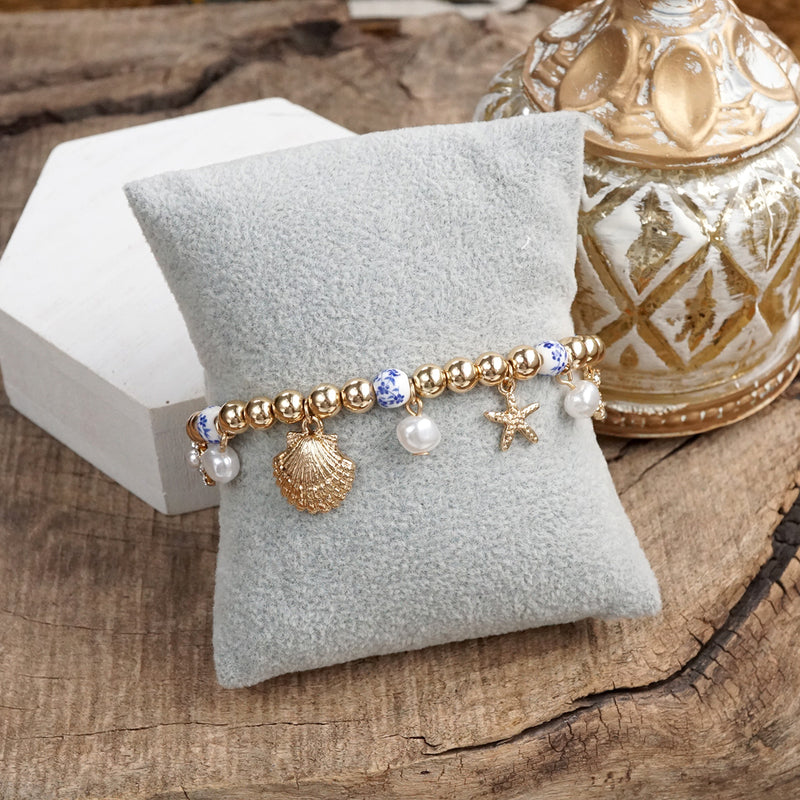Charmed Harmony – Chinoiserie &amp; Gold Multi-Charm Stretch Bracelet