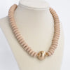 Wood Saucer Beads Short Statement Necklace Gold center Hot Pink Beige