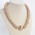 Wood Saucer Beads Short Statement Necklace Gold center Hot Pink Beige