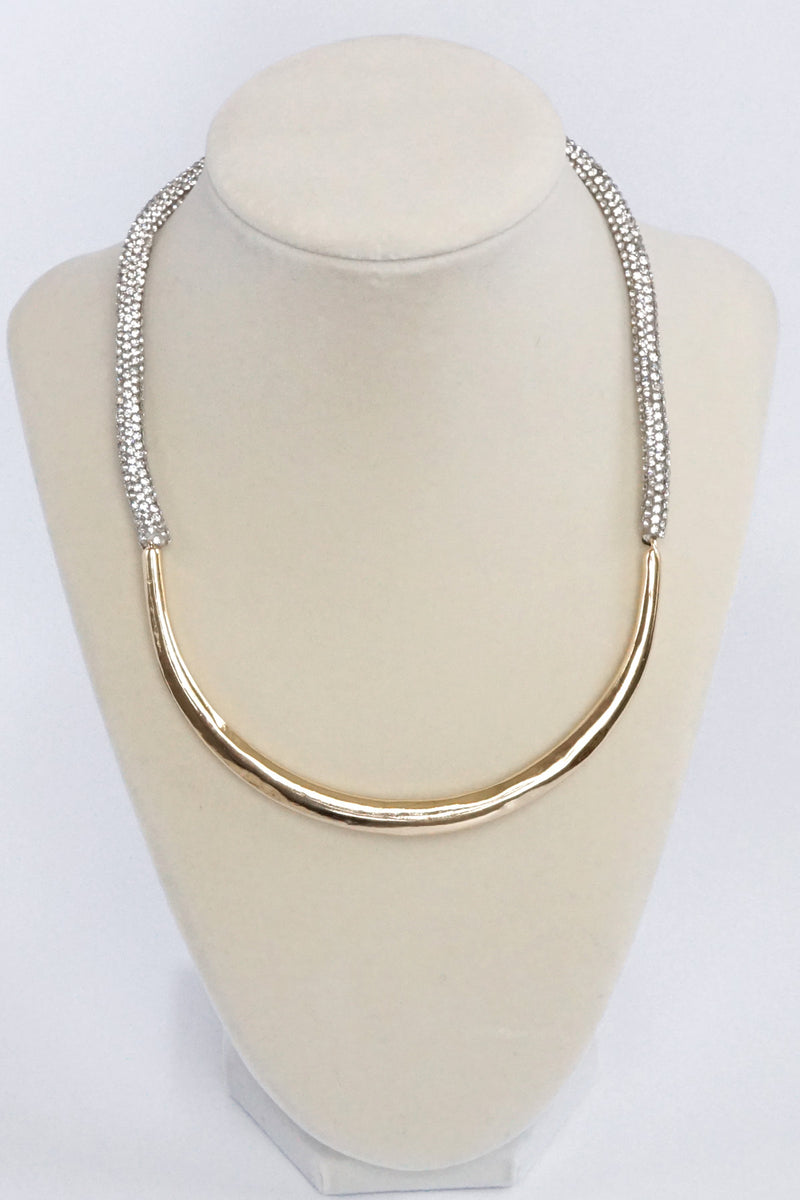 Crescent bar and Paved rope Statement Necklace Gold tone and clear crystals