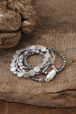 5 piece Boho Beaded Bracelets Stack Semi Precious Metal Glass Beads Silver tone nugget flat beads