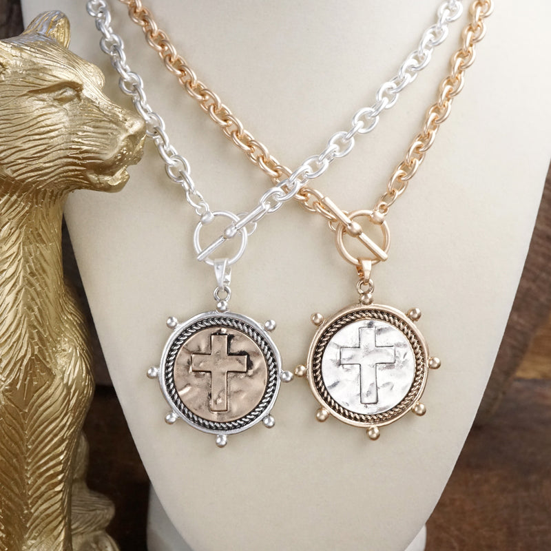 Divine Duo – Two-Tone Cross Coin Stud Earrings