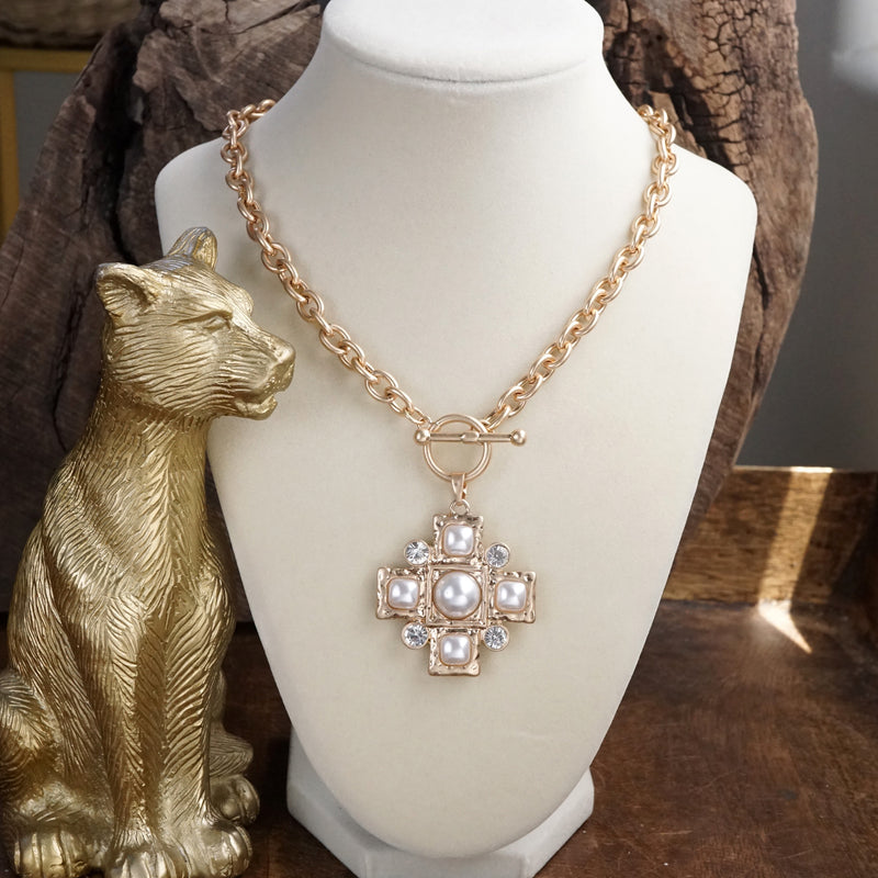 Heavenly Sparkle – Gold Cross Dangle Earrings with Pearls and Crystals