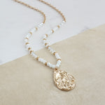 Long Beaded Necklace with Golden Teardrop Pendant - Whites