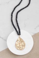 Long Wooden Bead Necklace with gold teardrop - Black