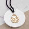 Long Wooden Bead Necklace with gold teardrop - Black