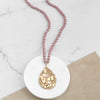 Long Wooden Bead Necklace with gold teardrop - Pink