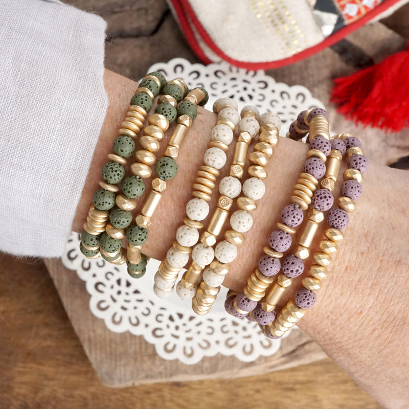 Lava and Golden Matte Beads Bracelet Sets in Colorful Purple Olive Green Ivory