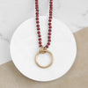 Long Wooden Bead Necklace with gold circle ring - Red Burgundy