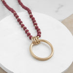 Long Wooden Bead Necklace with gold circle ring - Red Burgundy