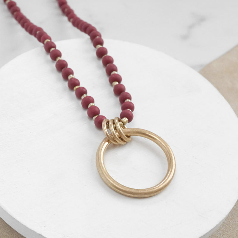 Long Wooden Bead Necklace with gold circle ring - Red Burgundy