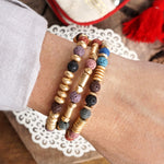 Lava and Golden Matte Beads Bracelet Sets in Colorful Purple Olive Green Ivory