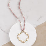 Long Wooden Bead Necklace with Clover Quatrefoil gold pendant - Pink