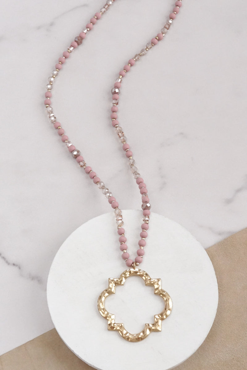 Long Wooden Bead Necklace with Clover Quatrefoil gold pendant - Pink