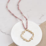 Long Wooden Bead Necklace with Clover Quatrefoil gold pendant - Pink