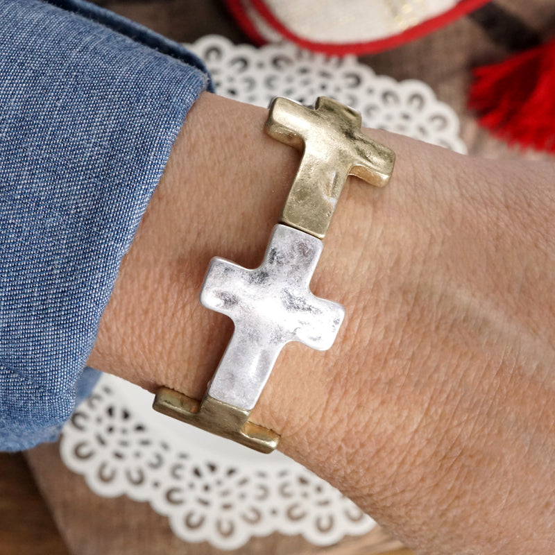 Hammered Sideways Cross Bracelet in Worn Silver Gold Tone Boho Style