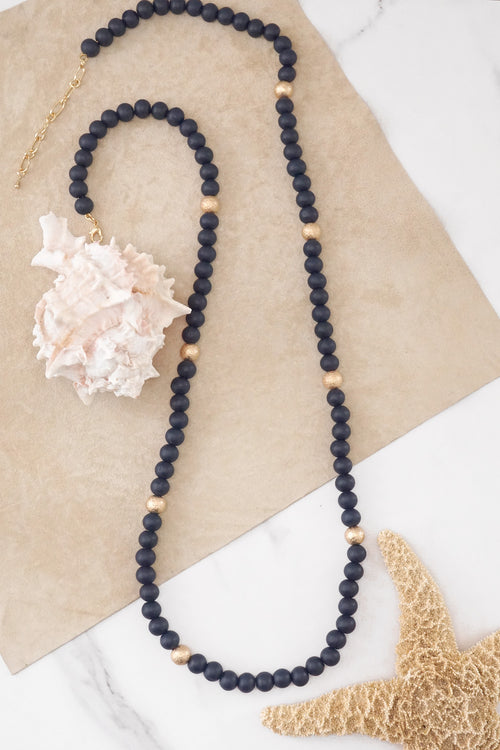 Long Wooden Bead Necklace with gold beads - Navy Blue Turquoise and Pink
